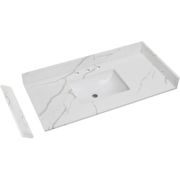 24 Inch Quartz Vanity Top,White Countertop with Undermount Middle Sink Vanity Top, Come with 1 Sidesplash and 1 Backsplash,One Hole Bathroom Vanity Sink Top