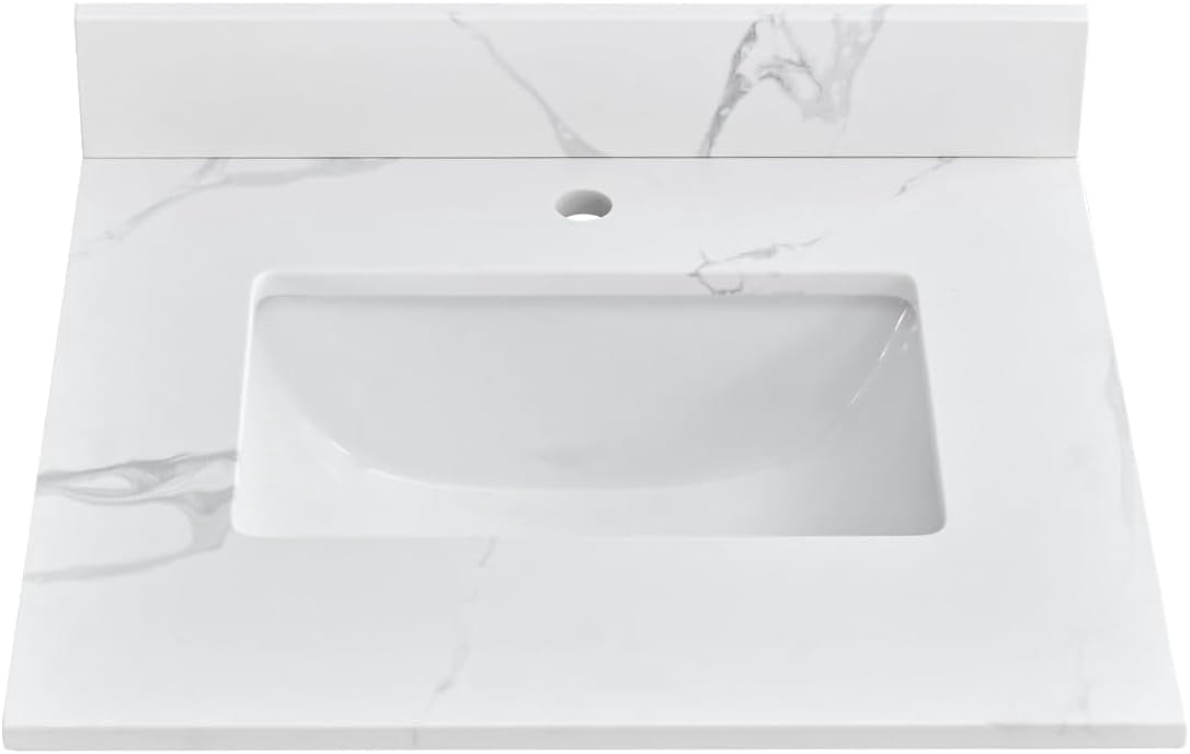 24 Inch Quartz Vanity Top , White Vanity Sink Top with Middle Sink, Pre-Drilled One Faucet Hole Countertop with Backsplash