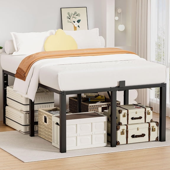 24 Inch Queen Tall Metal Platform Bed Frame, 3500 LBS Heavy Duty High Bedframe w/ 4 Mattress Stopper & Under Bed Storage, Sturdy Steel Support, No Box Spring Needed, Noise Free