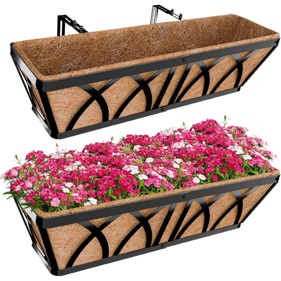 24 Inch Railing Planter Box, 2 Pack Window Boxes Planters, Balcony Flower with Coco Liner & Adjustable Brackets, Hanging Box for Outdoor Fence, Deck, Porch Garden