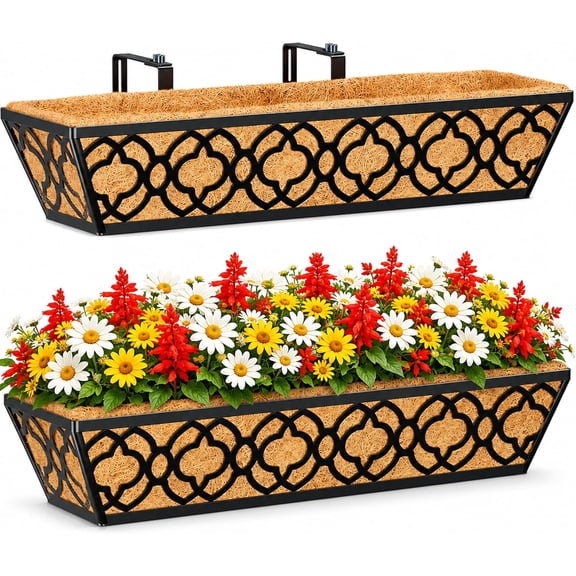24 Inch Railing Planter Box with Coco Liner, 24" Window Boxes Horse Trough with Coconut Coir Liner, Black Metal Hanging Flower Planter Basket Railing Planter for Outdoor Indoor Lawn - 2 Pack