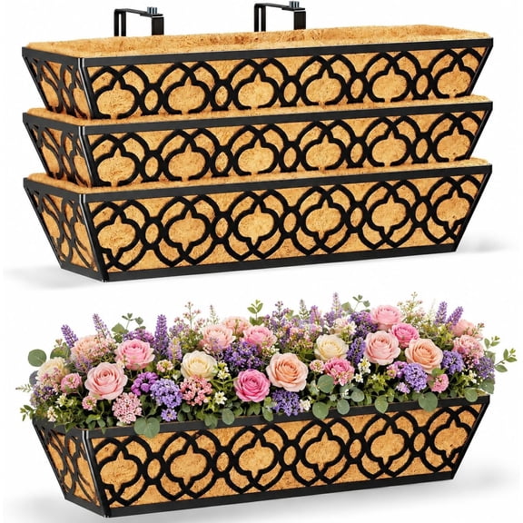 24 Inch Railing Planter Box with Coco Liner, Adjustable Metal Hanging Planter, Window Box for Balcony Deck Fence, Outdoor Flower Box Black, 4 Pack