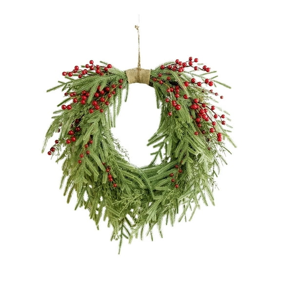 24-Inch Real Touch Norfolk Pine Christmas Wreath with Red Berries and Jute Rope - Lifelike Soft Pine Xmas Front Door Wreath for Indoor & Outdoor Holiday Decor