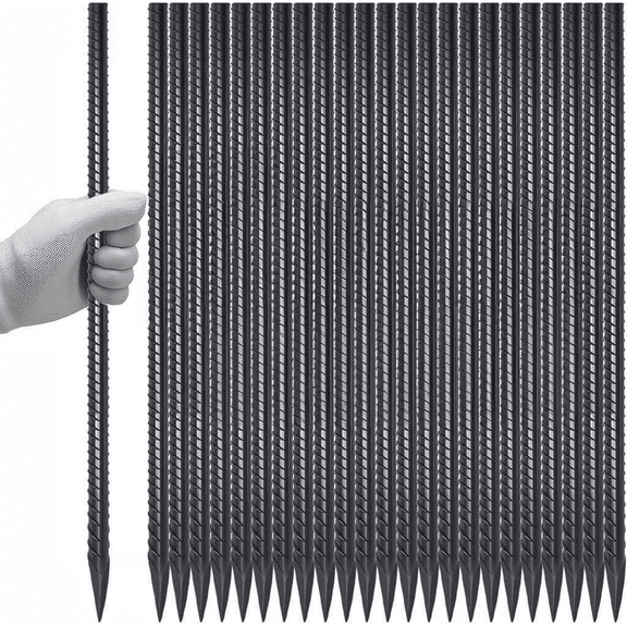 24 Inch Rebar Stakes 3/8 Inch Diameter Steel Ground Spikes with Chisel Point 24 Pack
