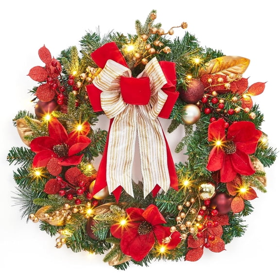 24 Inch Red Gold Christmas Wreath for Front Door