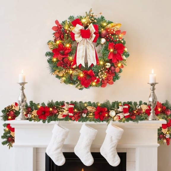 24 Inch Red Gold Christmas Wreath for Front Door