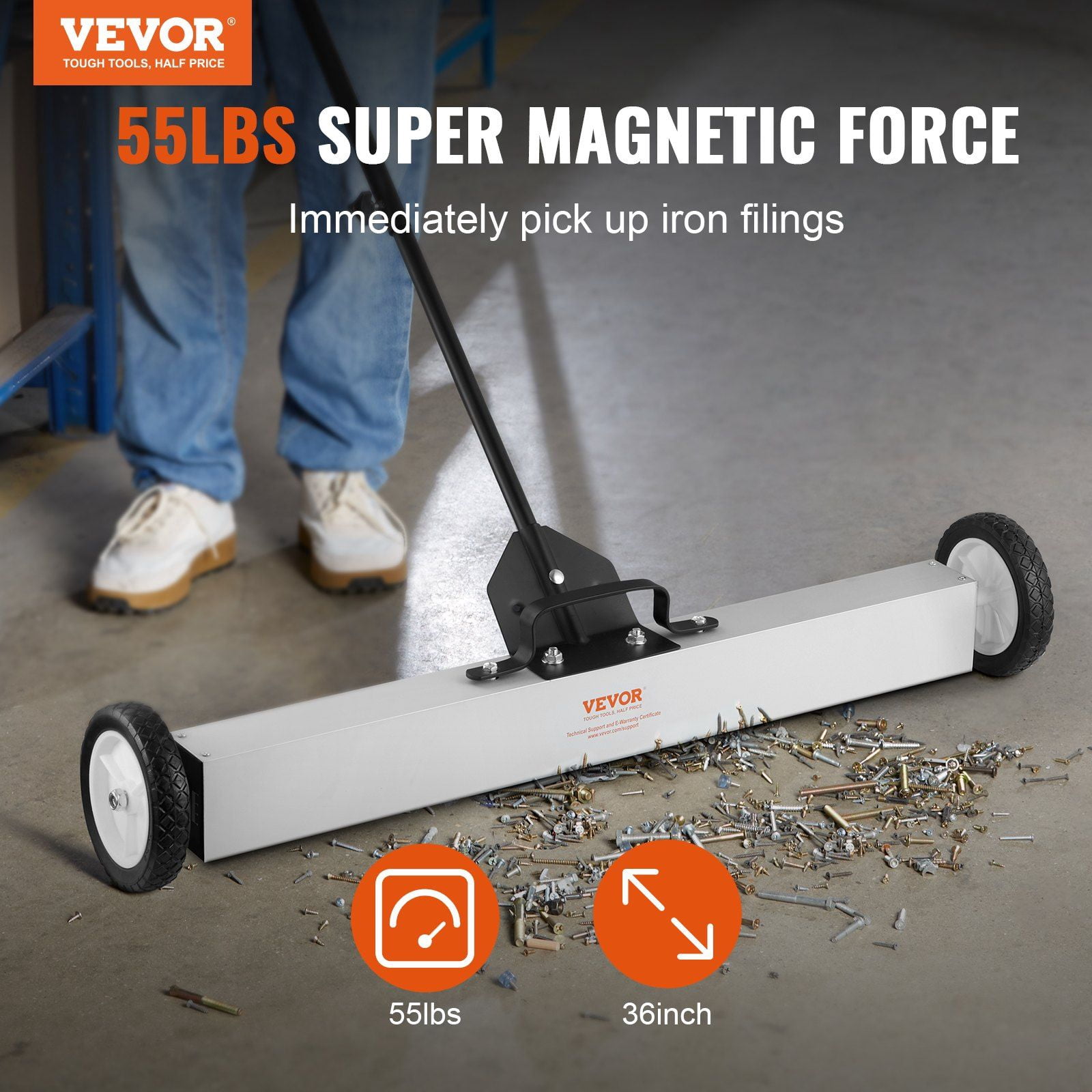 24-Inch Rolling Magnetic Pickup Sweeper for Workshop, Heavy-Duty 55Lbs Push Lawn Sweeper with Wheels, Ideal for Metal Waste in Garage/Yard