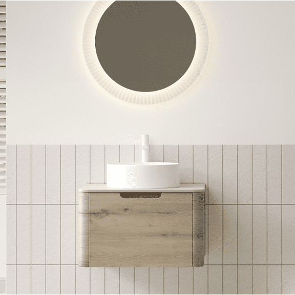 24 Inch Roma Travertine Pattern Sintered Stone Top White Oak Woodgrain Cabinet One Drawer No Basin No Faucet