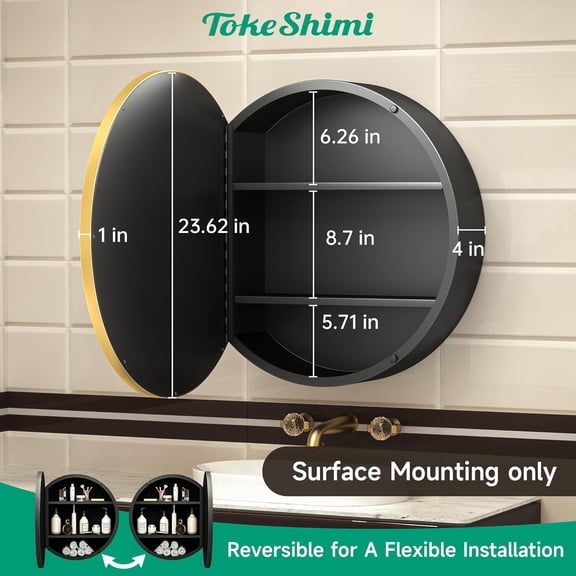 24 Inch Round Bathroom Medicine Cabinet with Mirror Surface Mount Only Circular Gold Framed Farmhouse Medicine Cabinets for Wall Small Circle Mirrored Bath Cabinet with Vanity Mirror