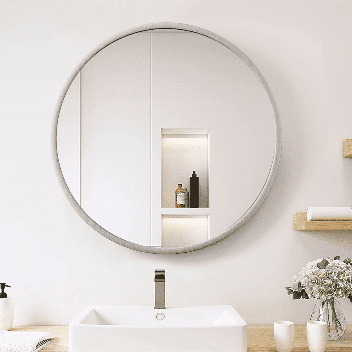 24 Inch Round Bathroom Mirror, Circle Mirror with 1.6" Thickened Aluminum Sliver Frame for Bathroom, Living Room, Entryway