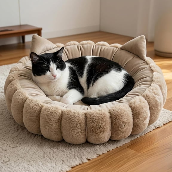 24 Inch Round Cat Beds for Indoor Cats, Cute Plush Kitty Bed with Cat Ears, Calming Cat Donut Bed with Supportive Cushion, Washable Cat Bed for Indoor Cats, Kitten Bed, Large Cat Bed