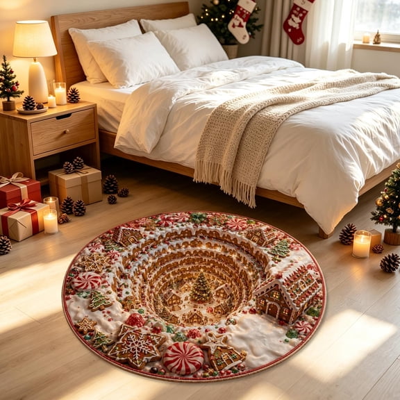 24 Inch Round Christmas Area Rug, 3D Winter Forest Reindeer Print Cloth Non‑Slip Absorbent Stain Resistant Floor Rug for Indoor Living Room Bedroom Home Holiday Decorations