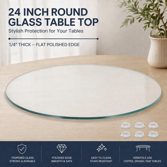 24 Inch Round Clear Tempered Glass Table Top with Safe Polished Edge - Coffee, Dining & End Table Protector Surface