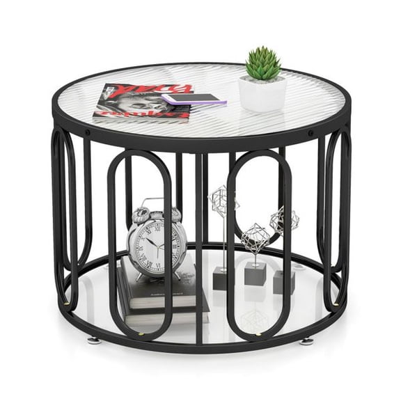 24 Inch Round Coffee Table with Reeded Tempered Glass Top, 2-Tier Storage Shelf, Swivel Oval Brackets, Metal Frame, Modern Accent Center Table for Living Room, Apartment, Office, Lounge, Black/Gold F