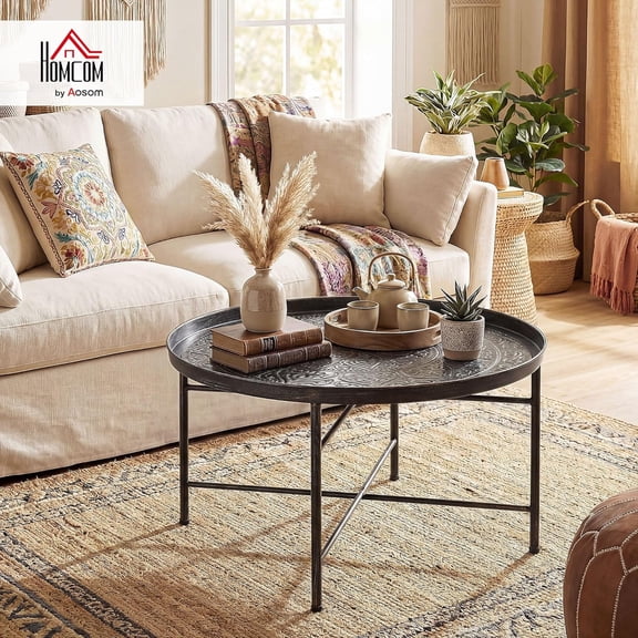 24 Inch Round Coffee Table with Hammered Tray Top Vintage Metal Center Table for Living Room Bedroom Side Table Pewter