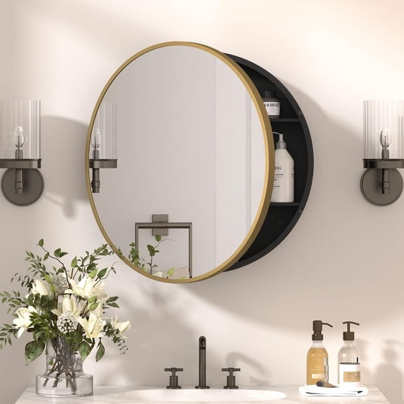 24-Inch Round Gold Metal Framed Medicine Cabinet with Mirror, Wall Mounted with Tempered Glass Adjustable Shelves