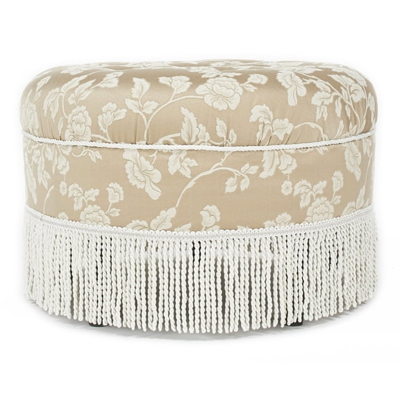24 Inch Round Jacquard Fabric Tufted Ottoman with Fringe Trim, Beige Floral Upholstered Accent Footstool
