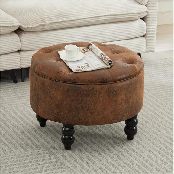 24 Inch Round Ottoman with Storage, PU Coffee Table Storage with Tray for Bedroom, Living Room Modern Upholstered Ottoman with Wooden Black Legs, Light Brown