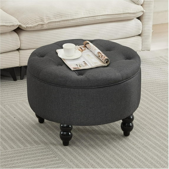 24 Inch Round Ottoman with Storage, Tufted Linen Storage Bench for Bedroom, Living Room & Entryway, Modern Upholstered Coffee Table with Wooden Black Legs, Dark Grey