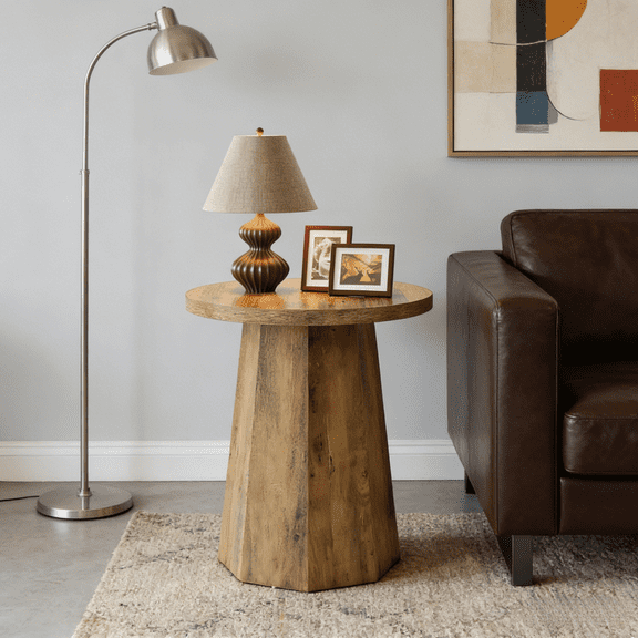 24 Inch Round Rattan Accent Table Pedestal Side Table with Octagon Base Natural Woven Texture Water Resistant Top Coastal Farmhouse Style End Table for Living Room Bedroom Balcony Reading Nook