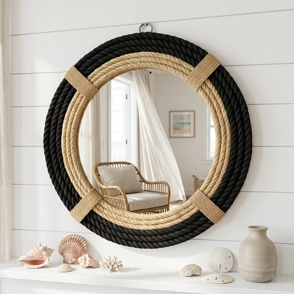 24" Inch Round Rustic Farmhouse Boho Shabby Chic Wall Hanging Mirror with Natural Jute Rope Decor Accent for Entryway, Bedroom, or Living Room (Color 1)