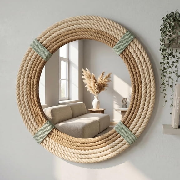 24" Inch Round Rustic Farmhouse Boho Shabby Chic Wall Hanging Mirror with Natural Jute Rope Decor Accent for Entryway, Bedroom, or Living Room (Color 2)