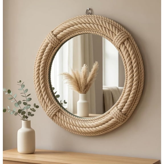 24" Inch Round Rustic Farmhouse Boho Shabby Chic Wall Hanging Mirror with Natural Jute Rope Decor Accent for Entryway, Bedroom, or Living Room (Color 4)