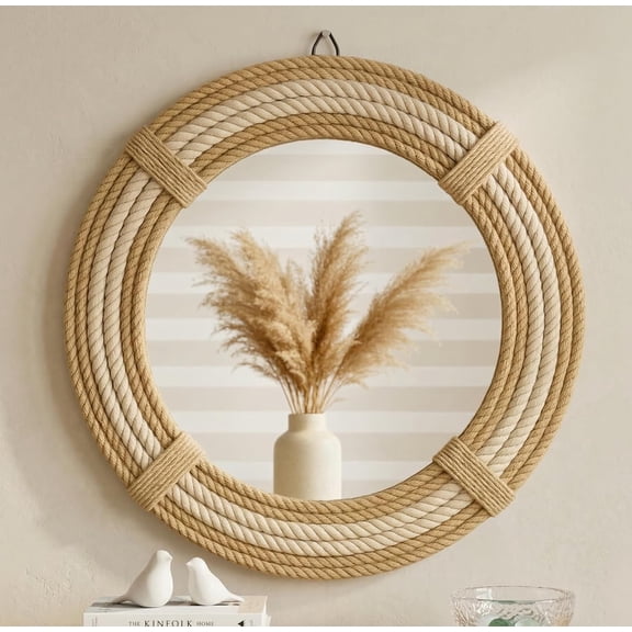 24" Inch Round Rustic Farmhouse Boho Shabby Chic Wall Hanging Mirror with Natural Jute Rope Decor Accent for Entryway, Bedroom, or Living Room (Color 5)