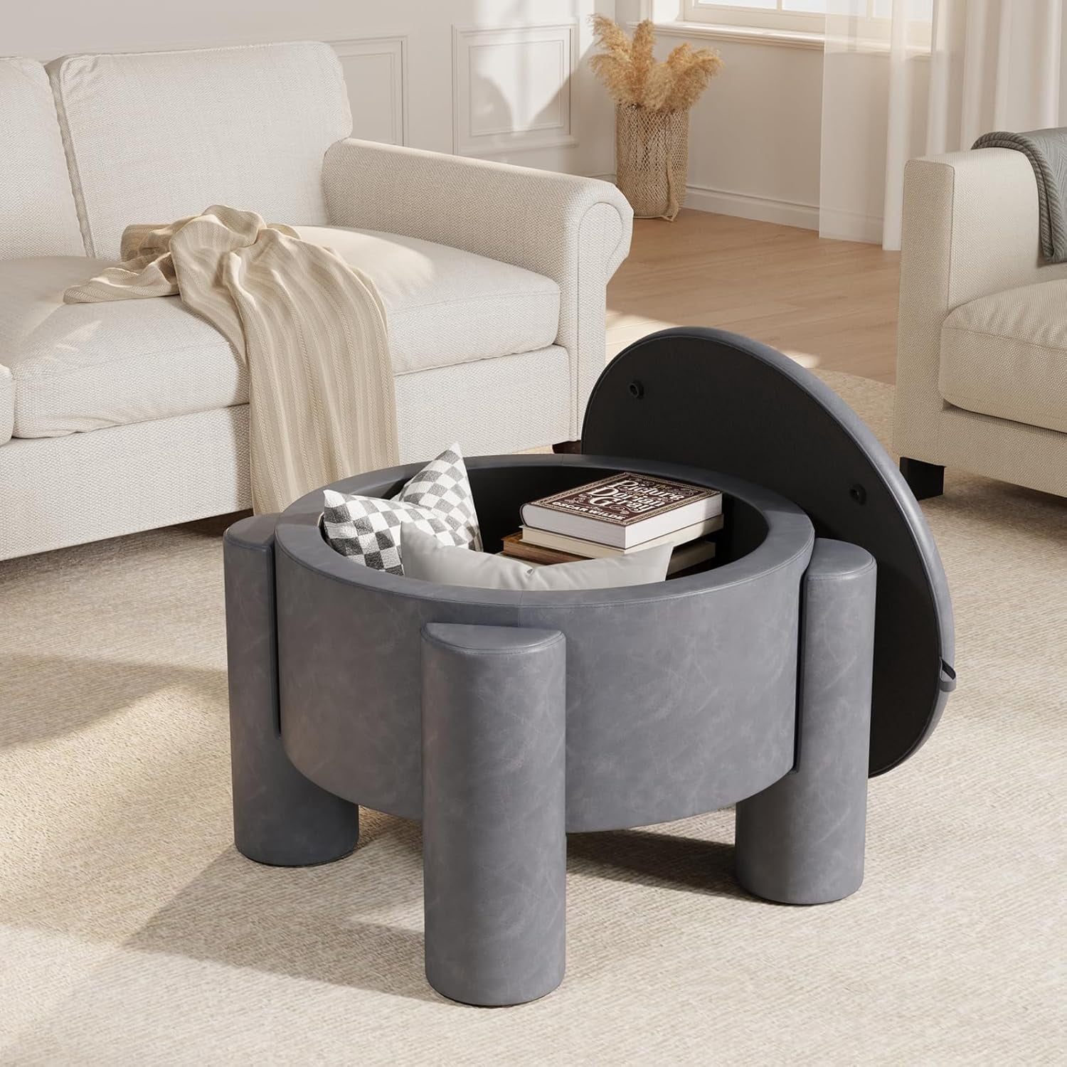 Curated visual reference: Visual Reference: 24 Inch Round Storage Ottoman Leather Round Coffee Table With