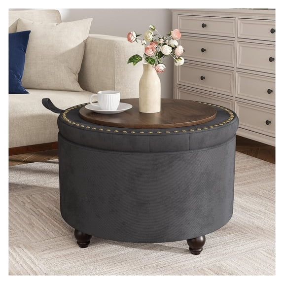 24 Inch Round Storage Ottoman,Modern Tufted Ottomans,Circular Coffee Table with Removable Top,Upholstered Large Ottoman with Storage Footrest Stool for Bedroom Living Room (Darkgrey)