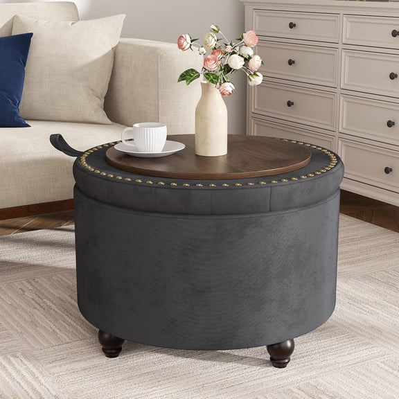 24-Inch Round Tufted Storage Ottoman with Removable Top, Dark Grey Upholstered Coffee Table Footrest Stool for Bedroom or Living Room