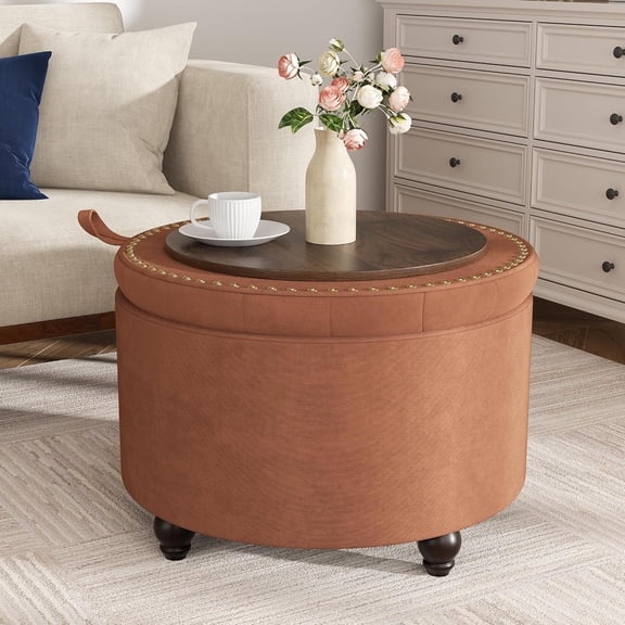 24-Inch Round Tufted Storage Ottoman with Removable Top, Orange Upholstered Coffee Table Footrest Stool for Bedroom or Living Room