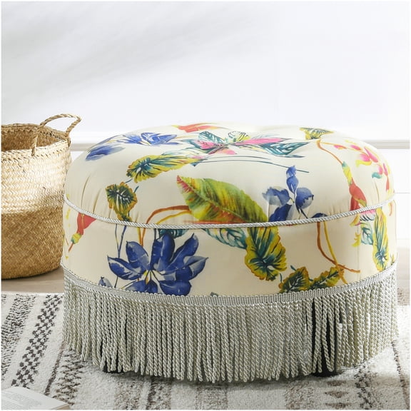 24 Inch Round Upholstered Ottoman with Floral Design and Ivory Trim, Beige Fabric Storage Footstool
