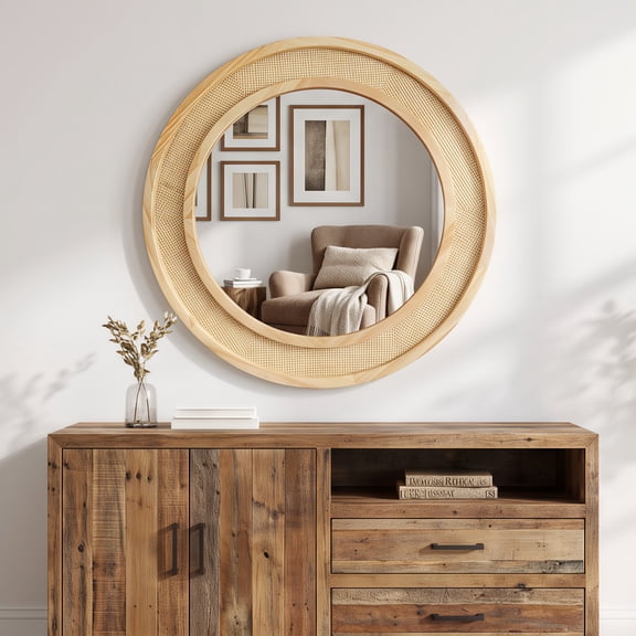 24 Inch Round Wall Mirror Solid Wood Frame With Rattan Inlay Coastal Farmhouse Boho Decor For Bathroom Entryway Living Room