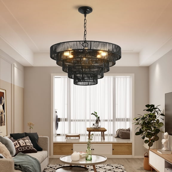 24 Inch Rustic 5-Tier Black Hemp Rope Pendant Light Chandelier, Boho Farmhouse Ceiling Fixture with 8 Lights for Dining Room Kitchen Island Entryway, Hardwired, Bulbs Not Included