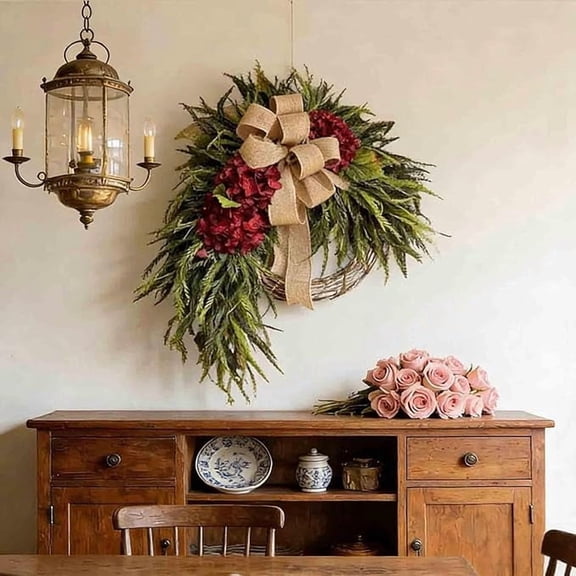 24 Inch Rustic Bohemian Wreath, Double-Sided Artificial Greenery Wreath with Linen Bow, Farmhouse Style Hanging Decor for Front Door Porch Wall Window Indoor Outdoor Home Decoration(k)
