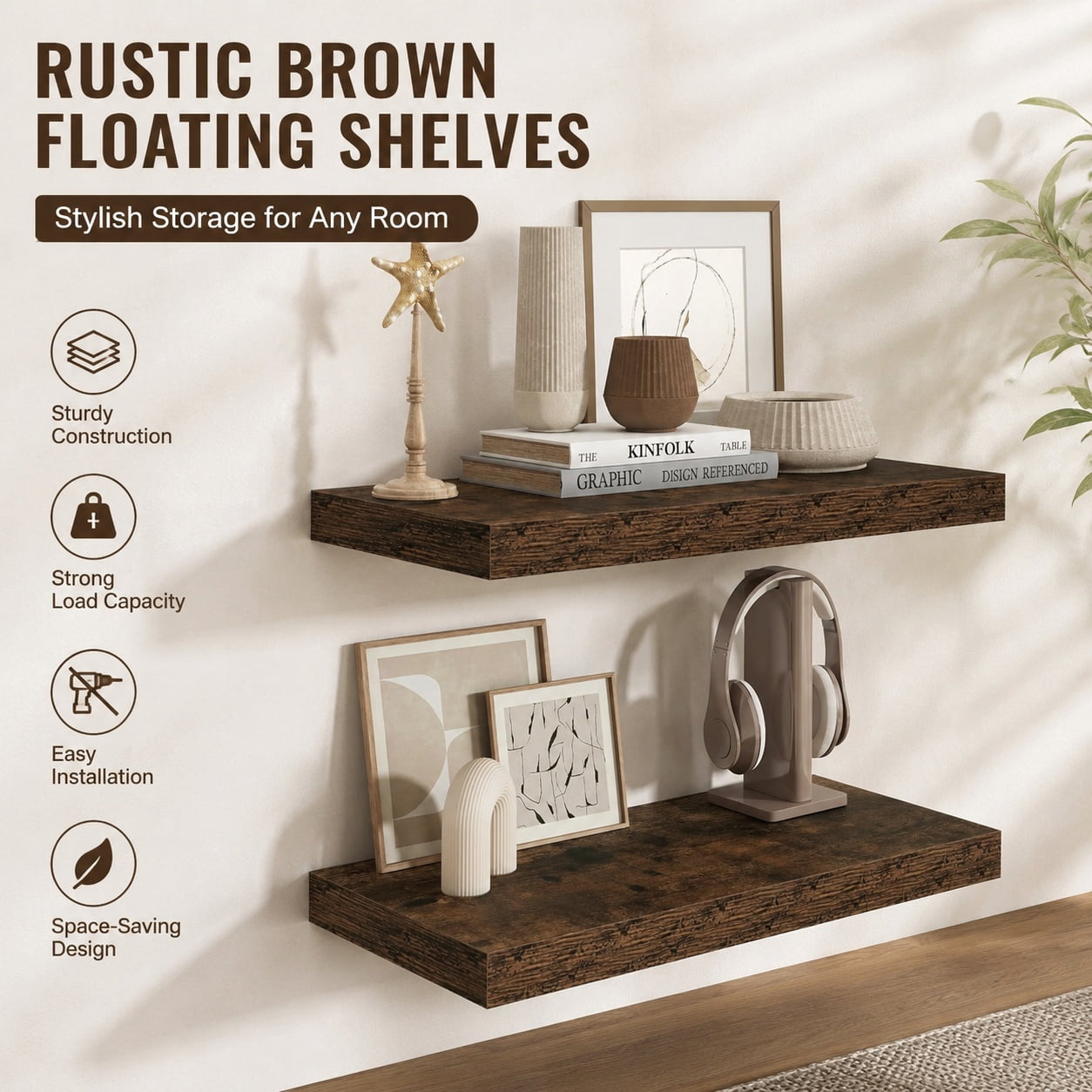 24 Inch Rustic Brown Floating Shelves, 9.3 Inch Deep Wall Storage ...