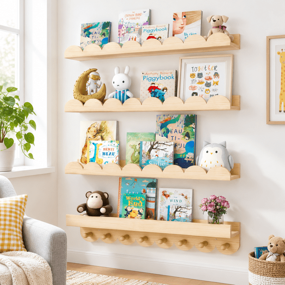 24 Inch Scalloped Floating Wall Shelves with Hooks, 4-Pack, Solid Pine Wood for Room Decor