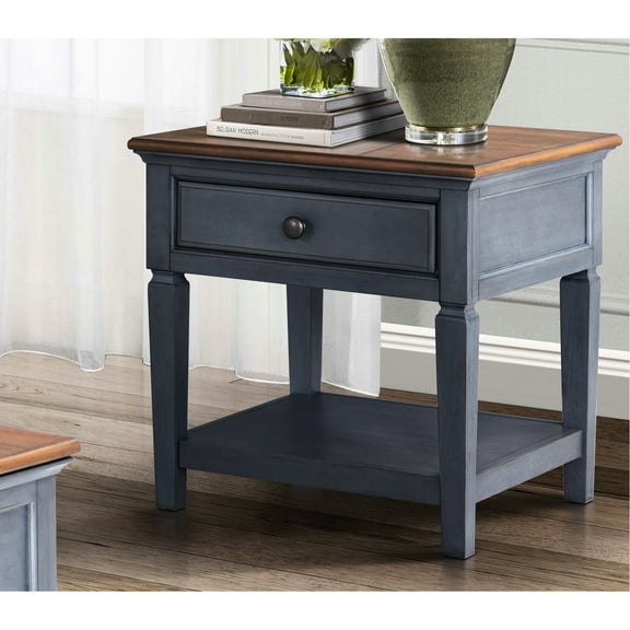 24 Inch Side Table, Corduroy Blue Finish, No Assembly, With Shelf 24" Corduroy, Storage Area