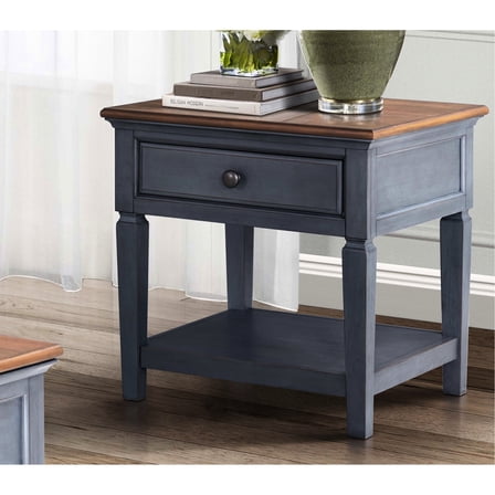 24 Inch Side Table, Corduroy Blue Finish, No Assembly, With Shelf 24" Corduroy, Storage Area