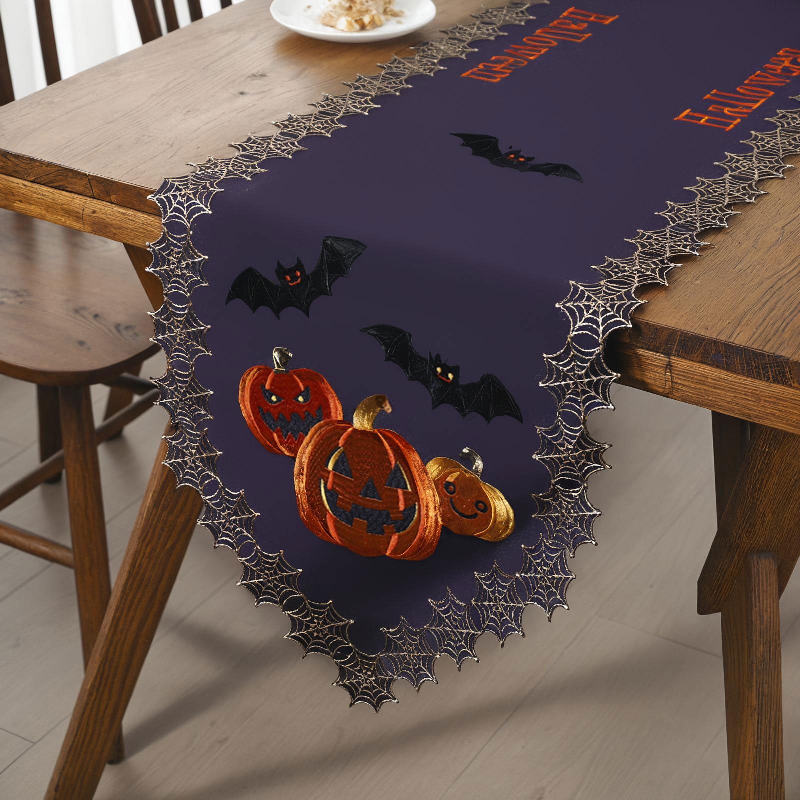 BLRTUN Halloween Table Runner Purple Embroidered Fabric Skull Pumpkin ...