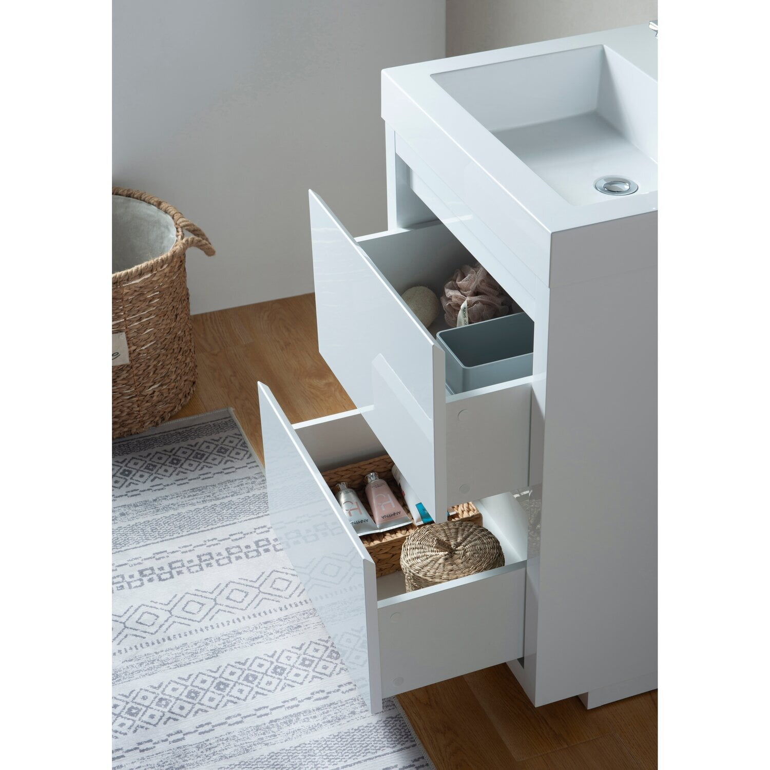 24-Inch Glossy White Single Sink Bathroom Vanity with Resin Top