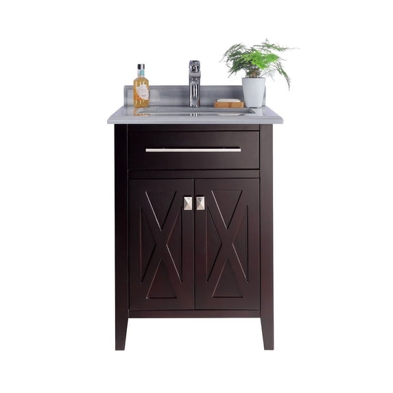 24 Inch Single Sink Brown Cabinet Bathroom Vanity With White Stripes Countertop - Laviva