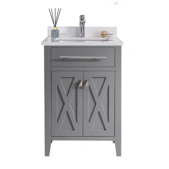 24 Inch Single Sink Grey Cabinet Bathroom Vanity With White Quartz Countertop - Laviva