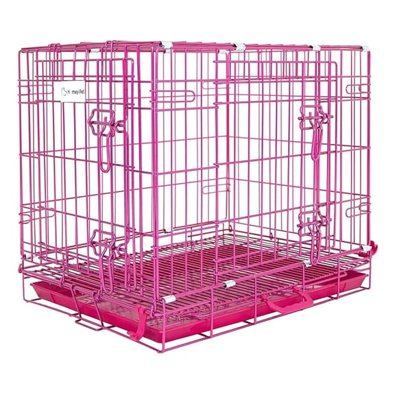 24 Inch Small Dog Crate, Cute Pink Puppy Cage Collapsible Dog Kennel Indoor, Nano-Coated Metal Wire Dog Crate with Removable Floor Grid Tray, Double Doors Dual Locks, Portable Handle