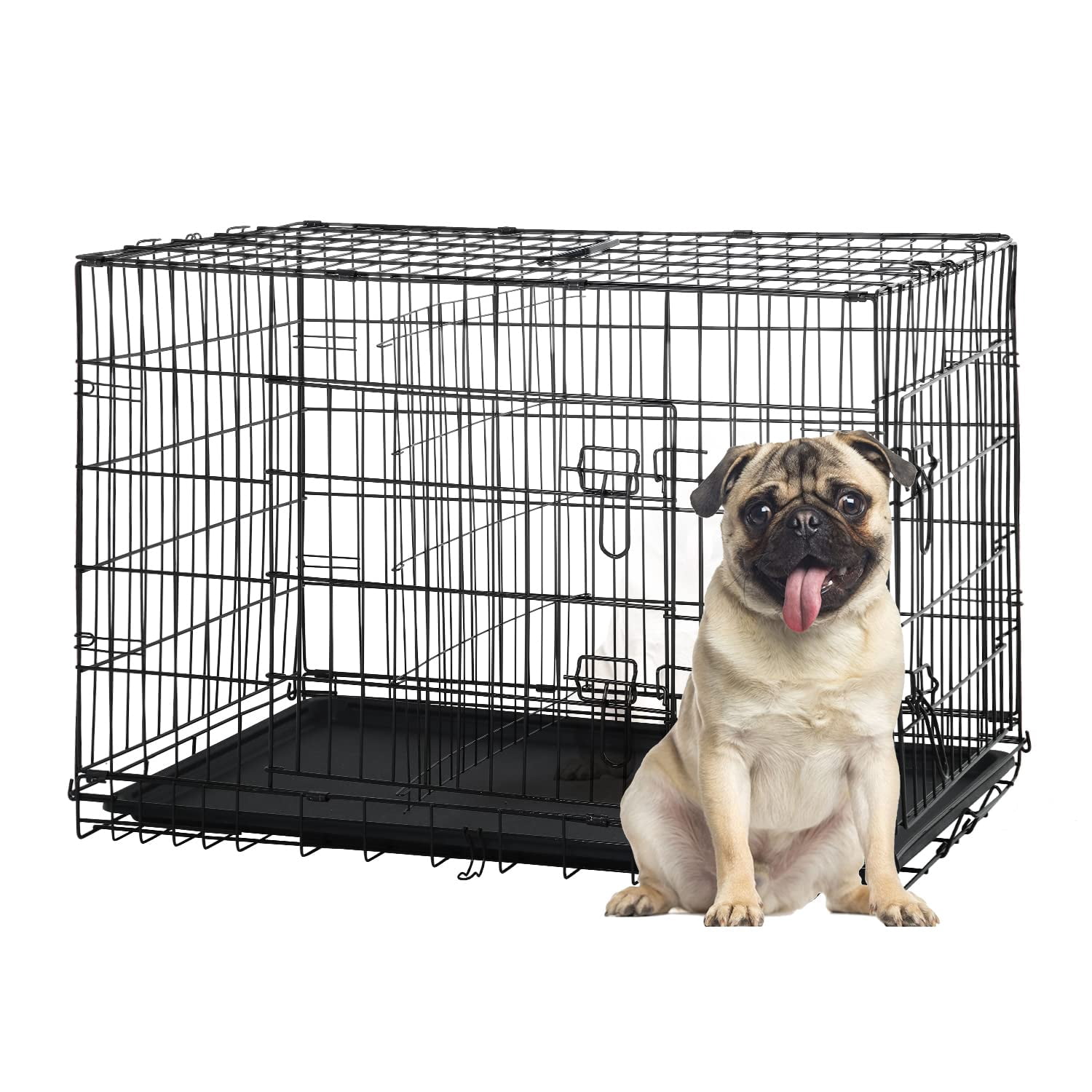24 Inch Small Dog Crate for Puppy, Metal Wire Pet Cage Indoor Outdoor Use, Foldable Kennel with Divider Panel, Leak Proof Plastic Tray, Black