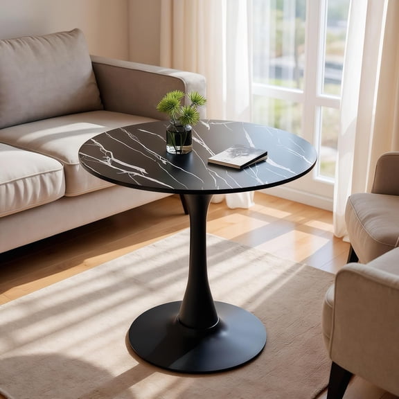 24 Inch Small Tulip Table - Modern Dining Table for 2-3 Persons with MDF Top & Steel Base | Round Kitchen Tables Mid Century Coffee Table for Living Room Balcony Leisure, Black Marble