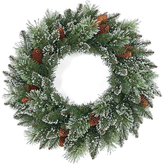 24 Inch Snow Flocked Norfolk Pine Winter Wreath with Twig & Pinecone- Artificial Winter Wreaths for Front Door Porch Wall Window Porch Fireplace Outdoor Decor