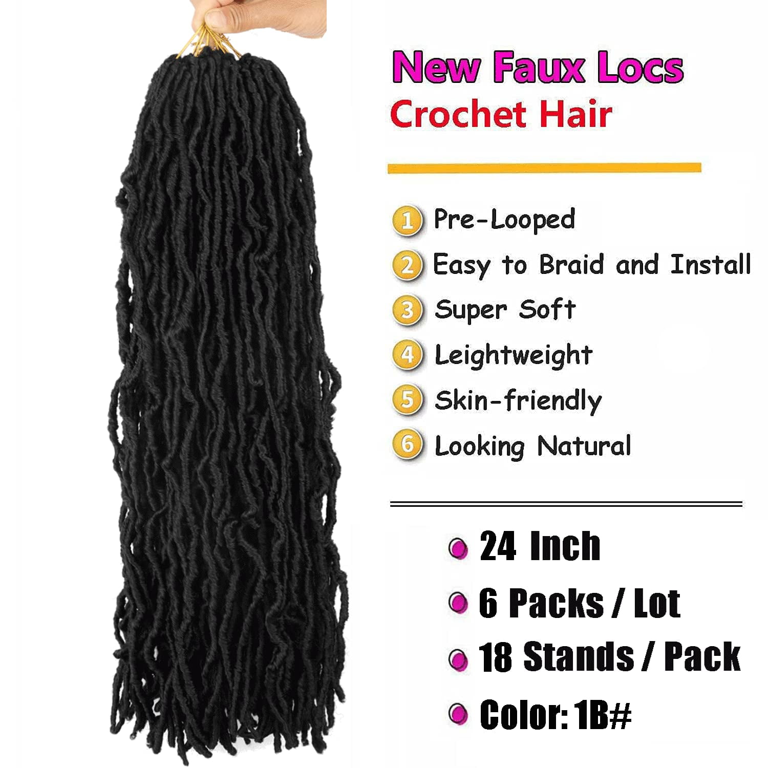 24 Inch Soft Locs Crochet Hair Pre Looped 6 Packs Faux Locs Crochet ...