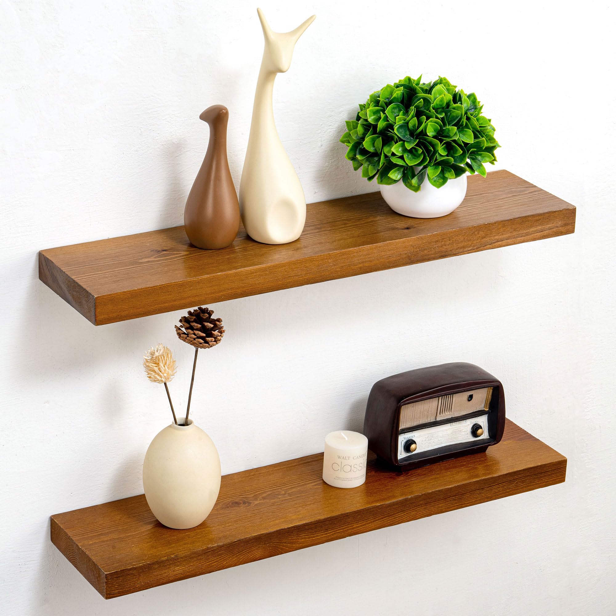 24 Inch Solid Pine Wood Floating Shelves Set of 2, Wall Mounted